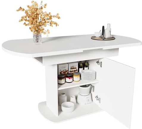 xixiworkshop Ausziehbarer Ovaler Esstisch, L110/130xW70xH75cm,Esstisch mit Stauraum, Kaffee-Freizeittisch, moderner minimalistischer (Weiß+silberner Griff) (Weiß+Goldener Griff)