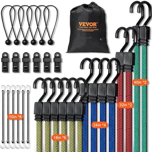 VEVOR Tendeur Élastique, Lot de 32, Sangles Élastiques Robustes, 0,25 m, 0,46 m, 0,6 m, 0,8 m, 1 m, avec Crochets J Acier, Sac de Rangement Portable, Clips, Attaches, pour Auvent, Cargaison, Camping