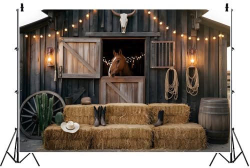 Ttincceer 2.2x1.5m Wild West telón de Fondo de cumpleaños Vaquero Occidental Granja rústica Granero bebé Ducha fotografía Fondo Estable pajar Caballo niño cumpleaños Pastel Mesa Bandera Foto Prop
