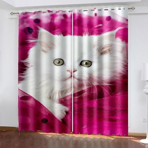 Tier Blickdichte Vorhänge mit Ösen Gardinen 2er Set, Verdunkelungsvorhang Thermovorhang Hitzeschutz, Weiß Katze Ösenvorhang für Schlafzimmer Wohnzimmer Kinderzimmer 132 x 160 cm (B x H)
