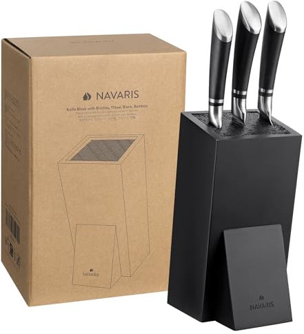 Navaris Ceppo Portacoltelli Universale in Legno bambù - Contenitore Porta Coltelli - Interno Setole Posacoltelli Amovibili per Ogni Coltello - Inclinato Nero
