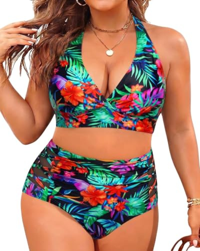 Yonique Womens Two Piece Plus Size Halter Bikini Swimsuits Tummy Control Bathing Suits High Waisted Swimwear, Floral, 16 Plus