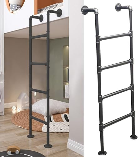 Black Wrought Iron Wall/Floor Mounted Step Ladder for Home High Loft Climbing 61in Fire Escape Attic Bunk Bed Ladder with Safety Rails Ideal for Dorm Library Deck