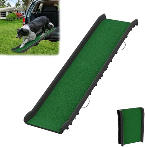 YARDIN Hunderampe mit Kunstrasen, Auto Klappbar Hundetreppe Haustierrampe 156 x 40cm, Anti-Rutsch Hundeautorampe Kofferraumrampe Einstiegshilfe für Große und Schwere Haustiere, bis 90kg Grün