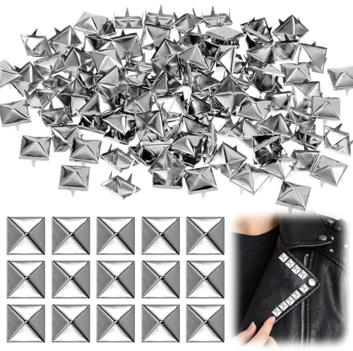 MBAIYO 100 Stück Quadratische Nieten Metall, 8 mm Nieten für Leder Pyramiden Spike Nieten Set DIY Punk Ziernieten Silber Studs für Taschen Lederband Kleidung Handschuhe