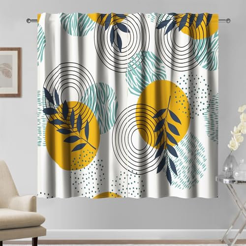 Kzzfqxb 132×214cm Tende d'arte moderna Blackout, Giallo Ocra Verde Sole Foglie di Salice Cerchio Punti Rotondi Motivi geometrici a tendaggio, 2 pannelli, Isolate dalla luce per la stanza
