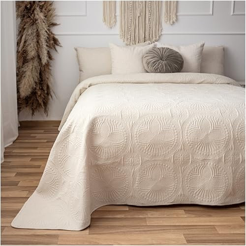 CalmyHOME Tagesdecke 240x260 Bettüberwurf Tagesdecken - Überwurf Mandala Sofaüberwurf Steppdecke Sofa Decke Bett Überwurfdecke Tages Decken Betthusse XXL Überdecke Gesteppte (Creme)