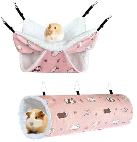 LUCKITTY Small Pet Hammock & Tunnel Set for Ferrets, Guinea Pigs, Rats - Plush Hideout Bed & Cage Toy, 2-Pack, Pink Guinea Pig Print