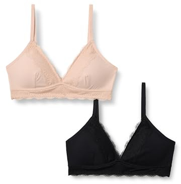 Amazon Essentials Bralette con Scollo a V Foderata in Microfibra Effetto Pesca con Bordo in Pizzo Donna, Pacco da 2, Nero/Petalo Chiaro, S