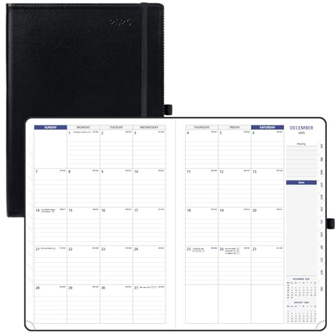 POPRUN 2026 Month to View Diary A4 Monthly Index Tabs,4 Pages Per Month Planner(From December 2025 to March 2027), PU Leather Softcover with Ribbon Marker (Black）