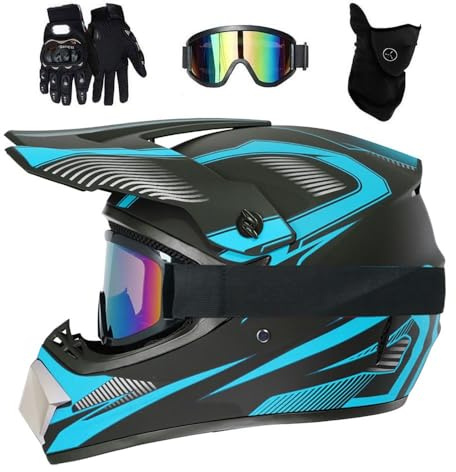 Juventud Niños Integral Casco de Motocross, con Gafas/Máscaras/Guantes, Unisexo Deporte Dual Todoterreno Enduro Moto Chocar Cascos, Descenso BMX MTB ATV Dirt Bikes Casco(Sky Blue,S/52-53CM)