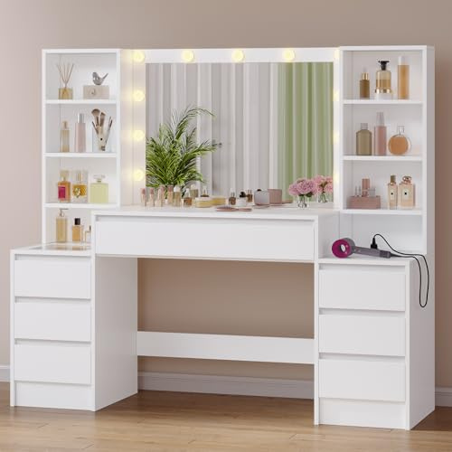 Schminktisch mit Beleuchtung, 3 Lichtfarben, Einstellbare Helligkeit, Kosmetiktisch mit Steckdosen, Frisiertisch mit 7 Schubladen, 8 offene Fächer, Schminktisch mit Spiegel, Verstellbare Ablagen, Weiß
