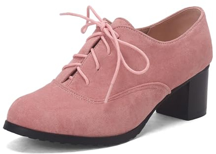 SHEMEE Women's Block Heels Oxfords Lace Up Brogues Faux Suede Chunky Heel Oxford Pumps Retro Victorian Laced Oxford Brogue Derby Shoes Pink,Size 9.5