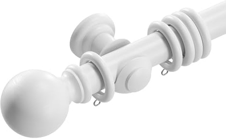 Loch & Skye Wooden Curtain Pole Set Premium Quality Beechwood 28mm Diameter with Finials, Rings & Brackets Wooden Rail Pole for Window & Eyelet Curtains (White, 240cm)