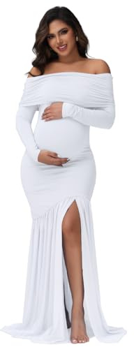 JustVH Women's Maternity Off Shoulder Baby Shower Dress Party Long Gown | Soft, Stretchy Fabric,Mesh Paneled,Long Sleeves,High Split,Pregnancy Photography Dress,Fit for Photoshoot
