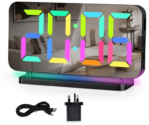 Sukeen Alarm Clock for Bedroom,7.4 Mirror Digital Clocks Large Display,with RGB Night Light, USB C Charger Port,Auto Dimming,LED Desk Clock for Kid Teen Girl Adults Room-Black