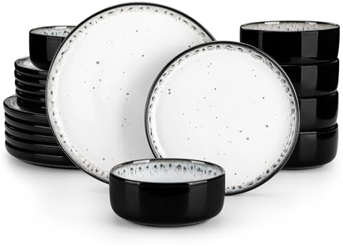 ZGCrumphant Ensemble d'assiettes en céramique Blanche et Noire de 18/36 pièces, Service de Table en grès avec 6 Assiettes Plates/Desserts/Bols/soupes(18 Piece)