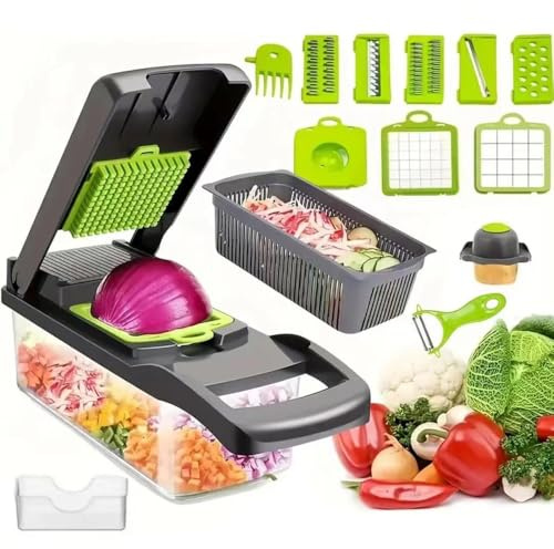 16 in 1 Gemüseschneider, Mandoline Gemüsehobel, Multifunktion Würfelschneider mit Abflusskorb Transparent, Zwiebelschneider, Gemüsereibe für Gurke Kartoffel Karotte Scheibe Filament