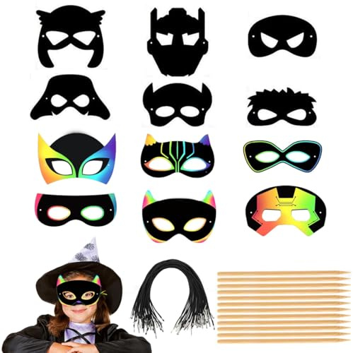 DIFLAX 12 Piezas Mascaras Superhéroes Scratch Art, Manualidades Niños, Regalo Cumpleaños Niños, Regalitos Cumpleaños Invitados Niños, Detalles Cumpleaños Niños, Scratch Art Bambini