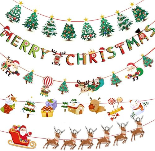 5 Stück Weihnachten Girlande Papier, Weihnachten Bunting Banner Hängende Papiergirlande Christmas Papiergirlande Merry Christmas Santa Banner Girlanden Banner Weihnachtendeko