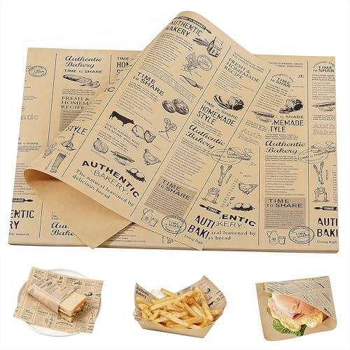 Papierblätter 100 Blätter Deli Papierblätter Öldicht Lebensmittelverpackungspapier Fettdichte Papierblätter Lebensmittelkorb Liner für Burger, Butterbrot Käse Pommes Kuchen Sandwich Frites (28x38cm)