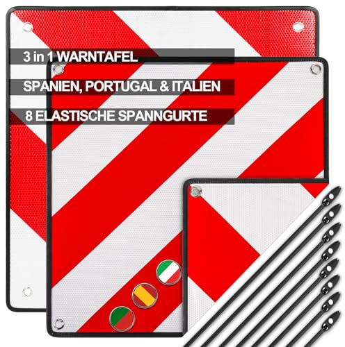 Reflektierendes Warntafel, 3-in-1 Rot Weiß Gestreiftes Warnschild Italien Spanien Portugal, Schild aus Aluminium, mit 8X Spannseile für Wohnmobil, Fahrradträger, Wohnwagen, 50x50cm (2pcs)