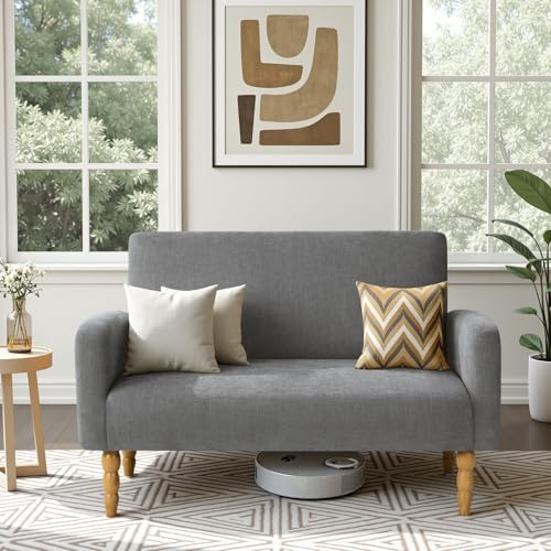 Bekrvio Small 2 Seater Sofa with Solid Rubberwood, Mid Century Modern Fabric Loveseat Sofa and 20CM Thick for Living Room Bedroom Office Support 400KG, Office Couch (Gray)