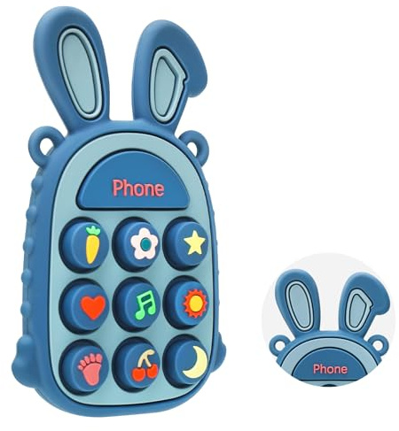 CLDY Baby Easter Silicone Teething Toys, Easter Teether Gel 3 Months+, Silicone Push Bubble Fidget Toy, BPA Free Toy Mobile Phone, Sensory Chew Gifts for Boys and Girls (Rabbit Blue)