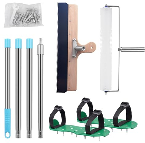 Bodenbeschichtung Entlüftungsroller Set, Stachelwalze Ausgleichsmasse, Entlüftungswalze 11.7 mm, Nagelschuhe 30 mm, Edelstahl Stehrakel und Teleskopstange 160 cm (mit Farbrolle und Spachtel)