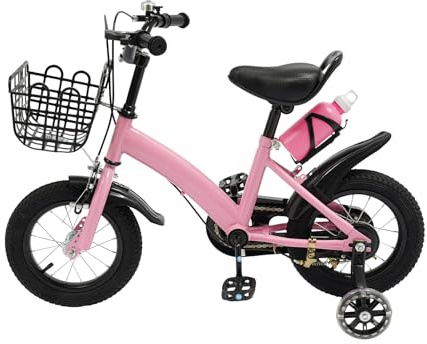Chelngveo Bicicletta per bambini da 12 pollici, bicicletta per bambini con rotelle, cestino e borraccia in rosa, robusta bicicletta per bambini con sella regolabile in altezza e manubrio, per ragazzi