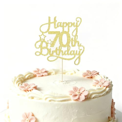 70th Birthday Cake Topper Gold Glitter - Elegant Non-Edible Cake Decorations for Adult Party, Anniversary Celebration