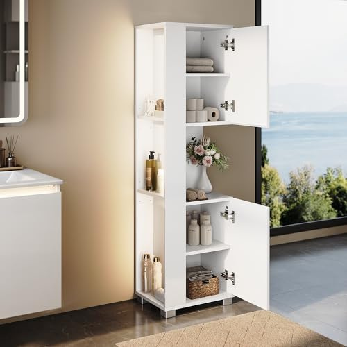 SONNI Badezimmerschrank mit LED, 2 Türen, Offenes Fach, Weiß, 138x40x30cm | Hochglanz Badschrank, Hochschrank, Badmöbel mit Kippschutz für Badezimmer, Wohnzimmer, Küche, Schlafzimmer