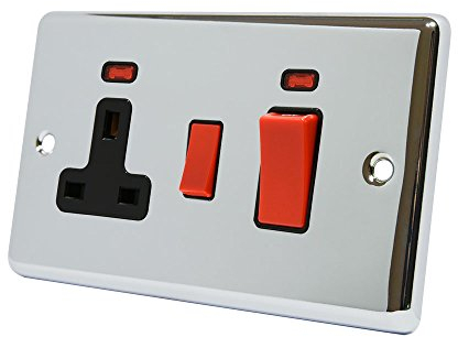 AET CPCCC2NBL Polished Chrome Classical Control Unit w Black Insert-2-Gang 45A Cooker 13A Switched Plug Socket and Neon Indicators, 240 V