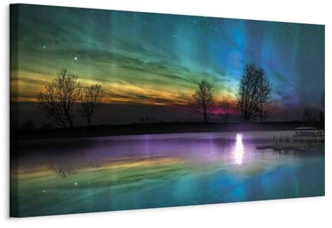 murando - Wandbilder XXL Polarlicht 150x50 cm 1 tlg - Wand Deko Vlies Leinwand Bilder Groß Wanddeko Wohnzimmer Schlafzimmer Kunstdrucke Panoramabild - Himmel See Nacht Landschaft