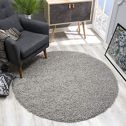 SANAT Teppich Rund - Hellgrau Hochflor, Langflor Modern Teppiche fürs Wohnzimmer, Schlafzimmer, Esszimmer oder Kinderzimmer, Größe: 80x80 cm