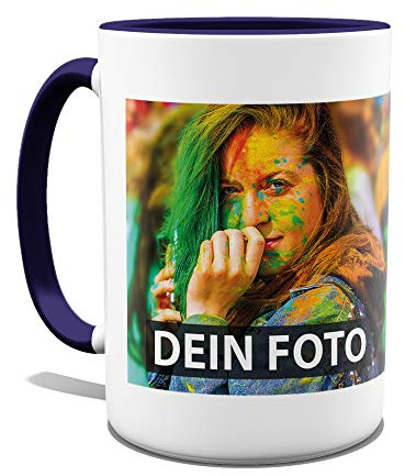 Tasse selbst individuell gestalten/Personalisierbar mit eigenem Foto bedrucken/Fototasse/Motivtasse/Werbetasse/Firmentasse mit Logo/Hohe Tasse - Innen & Henkel Dunkelblau