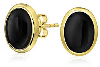 Pendientes de botón ovalados con cúpula de ónix negro clásico tradicional engastados en bisel para mujer, chapados en oro de 14K, plata de ley .925
