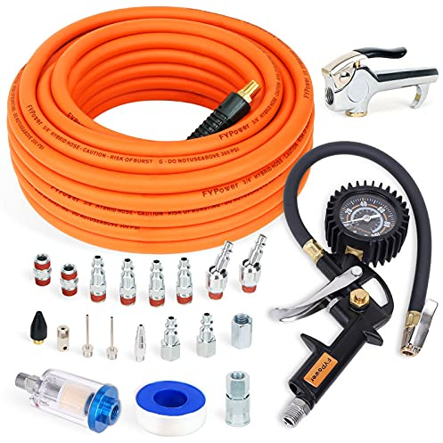 FYPower 22 Pieces Air Compressor Accessories kit, 3/8 inch x 50 ft Hybrid Air Hose Kit, 1/4 NPT Quick Connect Air Fittings, Tire Inflator Gauge, Blow Gun, Air Filter, Swivel Plugs