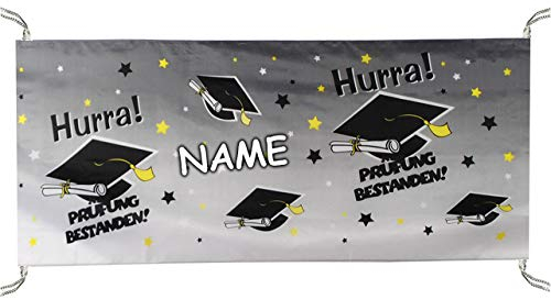alles-meine.de GmbH Dekoartikel zur Prüfung Artikelwahl XL - 3 m - Banner - Dekofahne - HURRA - Prüfung bestanden - incl. Name - Stoffbanner - wasserfest & wetterfest - z.B
