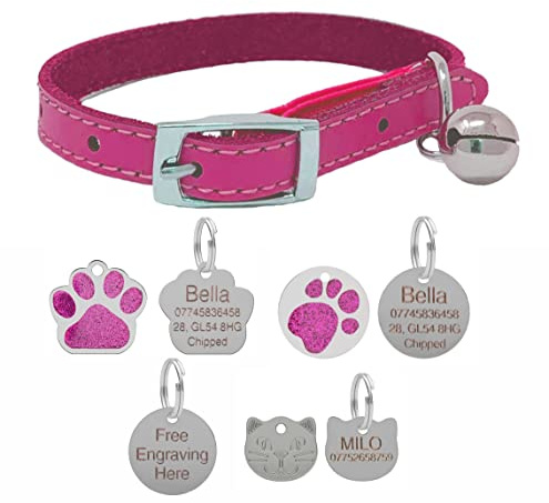 Katzenhalsband aus echtem Leder, mit Sicherheitsgummi und Glöckchen, mit optionaler Gravur, Rosa, 25 mm