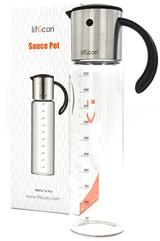 liflicon Oliera in Vetro e Acciaio, Salvagoccia e Ampolla Graduata, Dispenser Condimenti Liquidi, Olio Aceto Salsa di Soia (500ml)