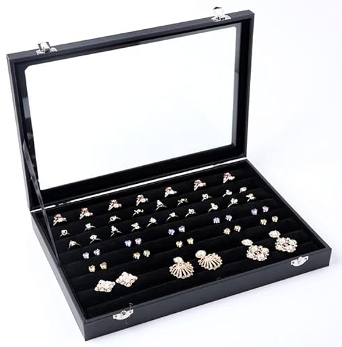PIQIUQIU Schwarzes Ring Schmuck Aufbewahrungssystem Schmuckkästchen Glas Deckel - Ringhalter mit Klarem Glasdeckel für Ringe, Ohrringe und Manschettenknöpfe