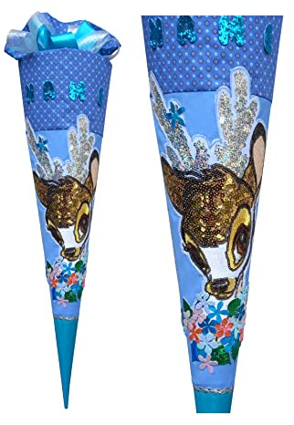 Kornblumenblaue Schultüte mit Reh, Hirsch, aus Pailletten, für Mädchen, Nähen, Stoff, Maßanfertigung