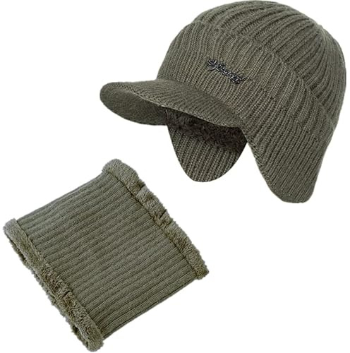 LEMITA Neutral Plus Fell Gefüttert Warme Wintermützen Schlappmützen mit Krempe Herren Damen Mützen Strickmützen mit Ohren, Armeegrün, One size