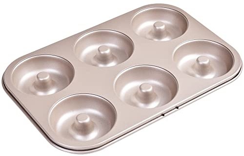Bakeley Donut Pan Cake Mold, 6-Cavity Non-Stick Ring Doughnut Bakeware for Oven Baking (Champagne Gold)