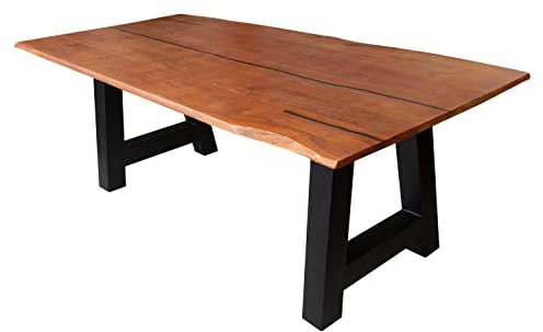 SAM Baumkantentisch 220 x 100 cm Polly, Epoxidharz-Adern in Schwarz, Akazienholz massiv + nussbaumfarben, Esstisch mit A-Eisengestell Schwarz, Tischplatte 26 mm, Esszimmertisch mit echter Baumkante