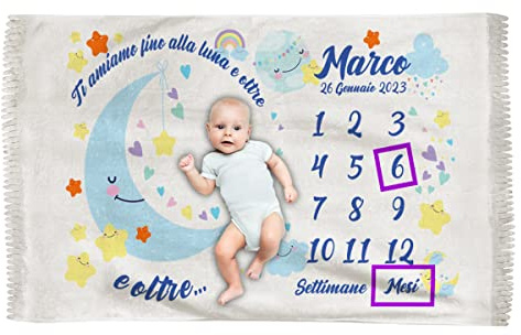 Overthetee Coperta baby “ 1-12 mesi ” Personalizzabile [NOME DATA NASCITA] Plaid per Foto neonato unisex (o femmina/maschio) Fino alla Luna