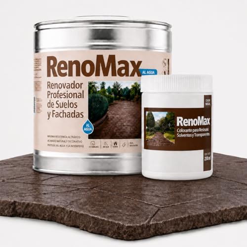 Renomax - Resina Hormigon Impreso y Superficies Porosas Al Agua + Tinte Hormigon Impreso Marrón Nogal, 2L Cubre hasta 20m² | Repara y Protege Suelos,Fachadas | Fácil de Aplicar, Garantía 5 Años, 20m