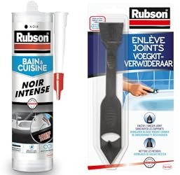 Lot de 2 produits Rubson - Mastic Bain & Cuisine Couleur Noir, 280 ml & Rubson Enlève Joint à double embout, Outil pour enlever facilement les joints en silicone