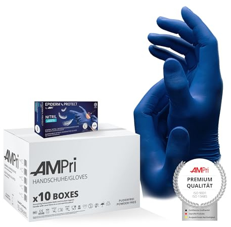 AMPRI Nitrilhandschuhe, Low Derma, metallblau, 10 Box a 100 Stk, Größe M, puderfrei, EpidermProtect by Med-Comfort: Nitril Einmalhandschuhe, Einweghandschuhe in den Größen XS, S, M, L, XL
